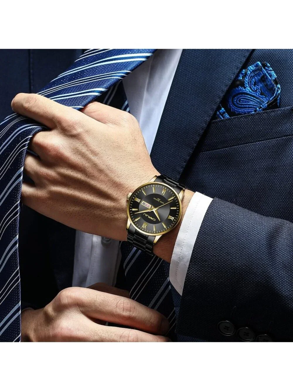 Men's Black Gold Luxury Stainless Steel Chronograph Analog Quartz Round Watch